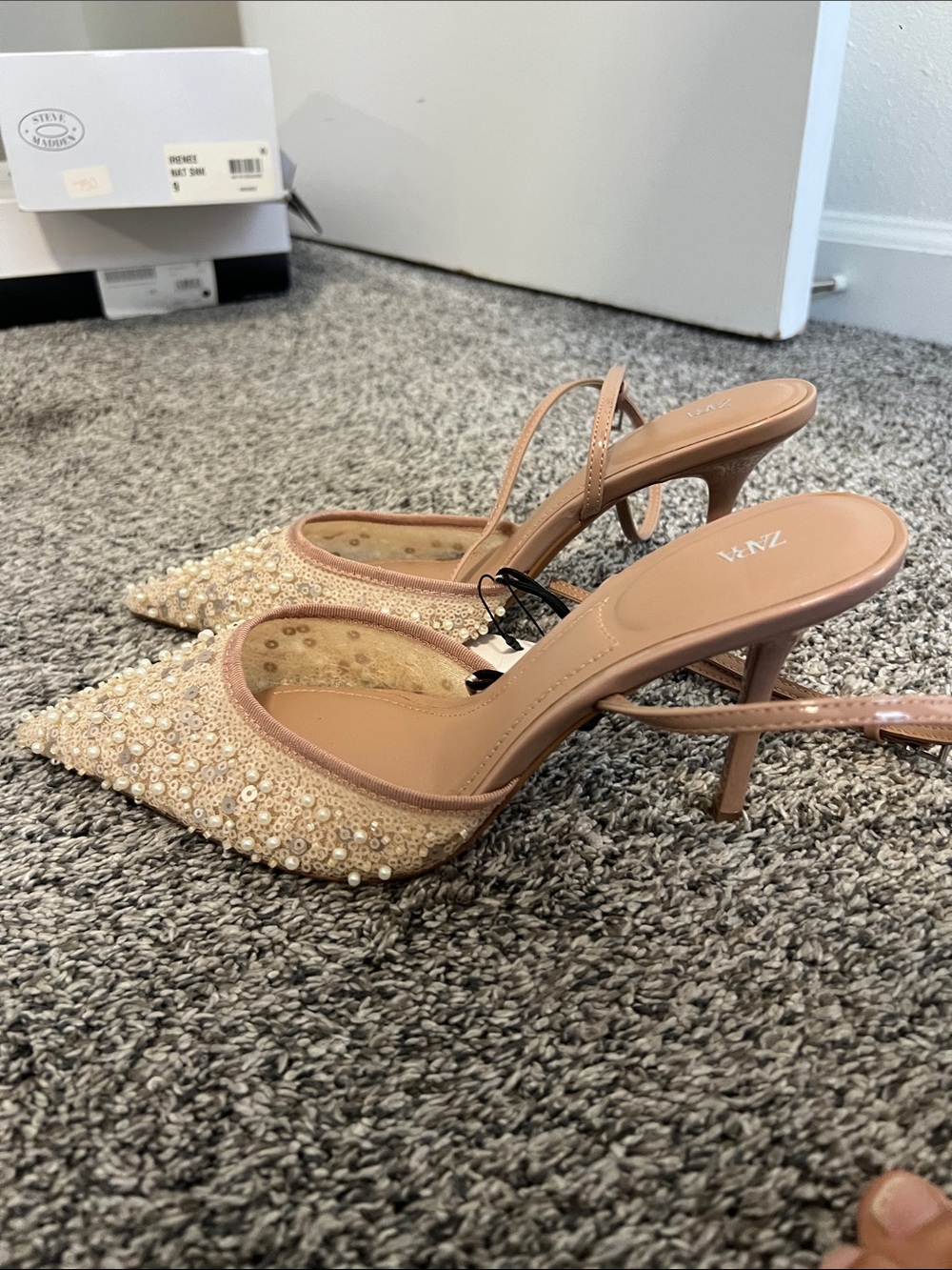 Zara Blush Sequin & Pearl Pointed Slingback Heels - Picture 6 of 6